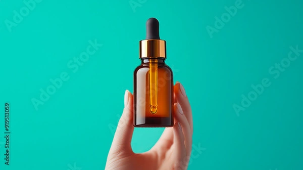 Obraz A person is holding a bottle of essential oil, green background. Generative AI