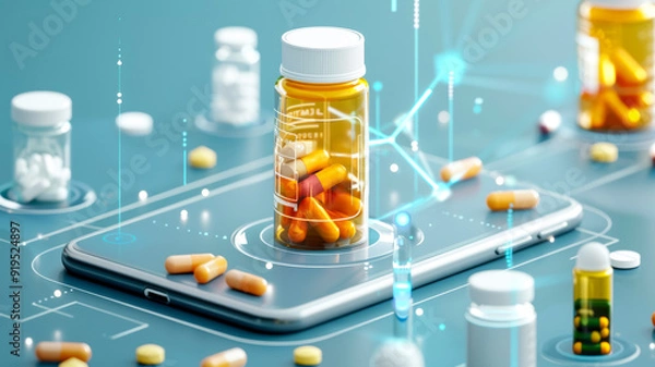Fototapeta Modern digital healthcare concept showing bottles of medicine on a tablet with network connections symbolizing telemedicine and online prescriptions.