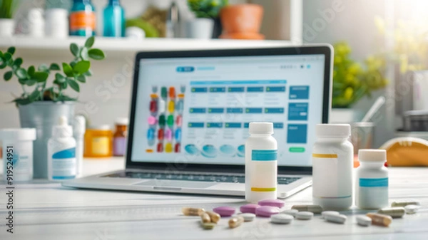 Fototapeta Online pharmacy concept with a laptop displaying medication options and various medicine bottles and pills on a bright, modern desk.