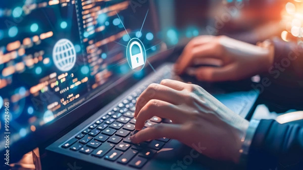 Fototapeta Person coding on a laptop with cybersecurity elements. Concepts of data protection, security, software development, and technology.