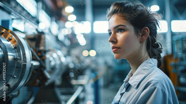 Fototapeta Confident Female Factory Manager Leading Innovation Meeting, Close-Up with Industrial Machinery Background