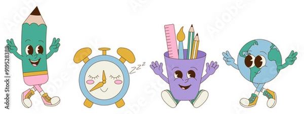Obraz Retro groovy back to school sticker set. Cute mascots. Earth, alarm clock, pencil.
