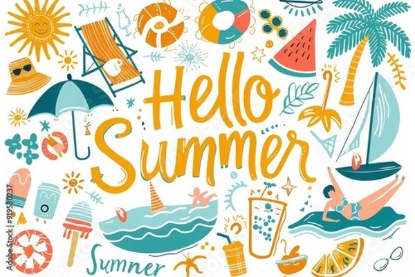 Obraz Hello Summer collection. Vector illustration of colorful funny doodle  icons such as suns, coconuts, ice cream cones, beach chairs, palm trees, waves, sailboats, boats, sunglasses, watermelon slices