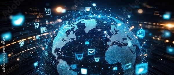 Obraz A globe surrounded by digital shopping icons, emphasizing the worldwide impact of ecommerce