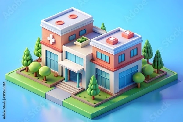 Fototapeta Hospital building with ambulance emergency car and helicopter on cityscape background. Vector illustration
