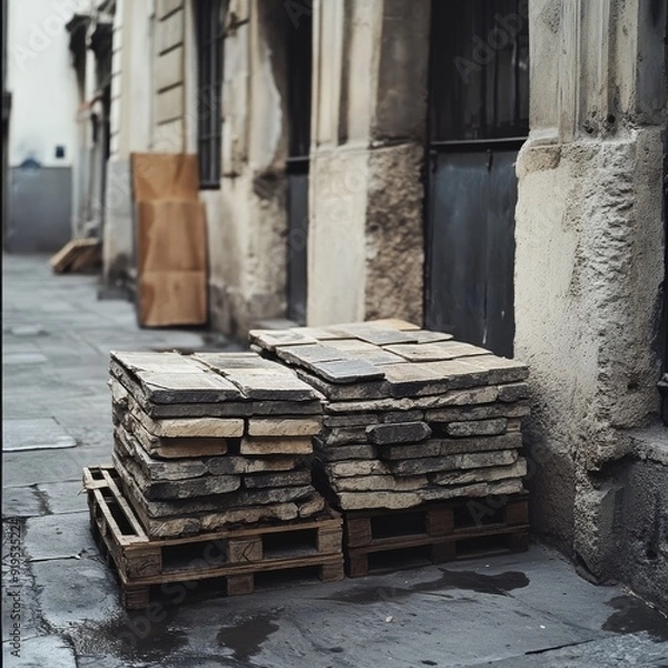 Fototapeta Tile pallets neatly positioned on the street.