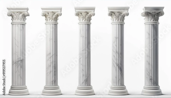 Fototapeta classical white marble columns isolated on white background ancient greek or roman architecture elements cut out 3d rendering