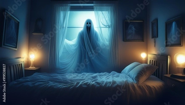 Fototapeta Creepy blurred ghost figure behind a bedroom window at night Creating a haunting and mysterious atmosphere perfect for a halloween horror scene