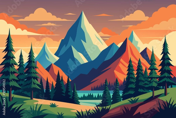 Fototapeta Hand drawn vector nature illustration with mountains and forest on first view art vector illustrator