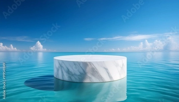 Fototapeta elegant white marble podium floating above tranquil turquoise sea framed by cloudless azure sky minimalist composition with strong emphasis on texture and negative space