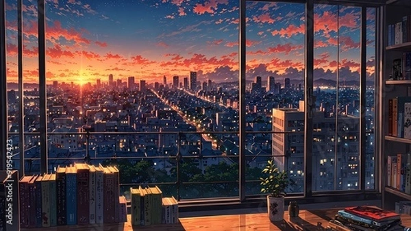 Obraz A Beautiful View of the City Sunset from an Open Window with Books