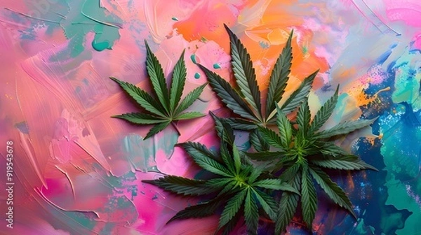 Obraz Marijuana leaves on a colorful background, close up top view on cannabis leaves and branches on colorful background for alternative medical and marketing design concept