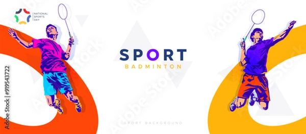 Obraz vector illustration of a badminton athlete with a jumping smash action. colored silhouette style design, grunge. badminton national sports day celebration design concept. national sports day