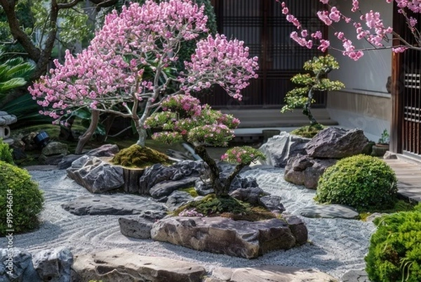 Fototapeta A serene Japanese garden featuring a blossoming tree, carefully arranged rocks, and lush greenery, perfect for relaxation and contemplation.