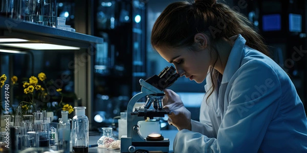 Fototapeta Caucasian woman in lab coat studying samples under a microscope in a research laboratory.