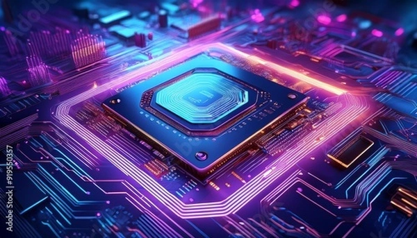 Fototapeta futuristic closeup of an advanced cpu on a sleek circuit board intricate neon pathways glowing components and holographic displays cyberpunk aesthetic with cool blue and purple tones
