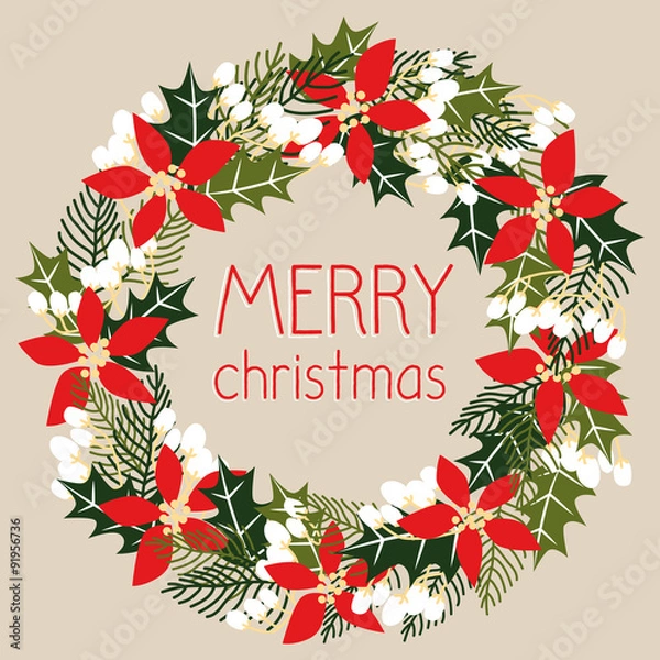 Fototapeta Merry christmas greeting card with wreath. Vector design.