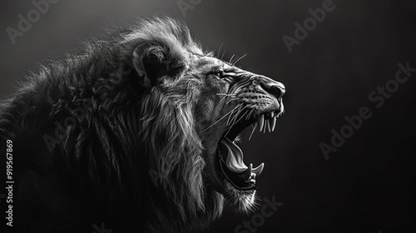 Fototapeta Roaring lion in black and white, intense side profile