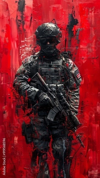 Fototapeta Soldier with USA flag, abstract red and black paint