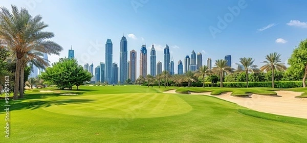 Fototapeta A golf course with a beautiful view of the Dubai skyline. Green grass, palm trees and skyscrapers.