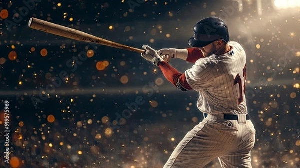 Fototapeta Color photo of a baseball player hitting a home run, dynamic swing with a focused expression, outdoor stadium, evening light, photorealistic