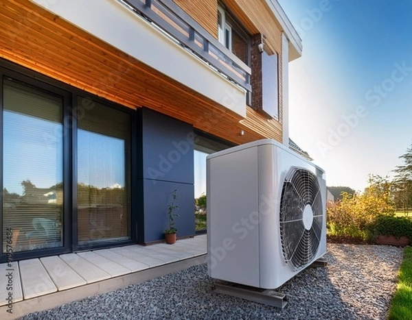 Fototapeta sleek energyefficient air source heat pump installed on exterior of contemporary residential building showcasing sustainable home technology