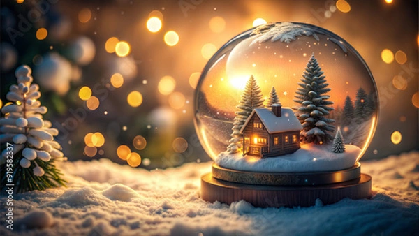 Fototapeta Snow globe with a Christmas scene inside, featuring a cozy house and snow-covered trees