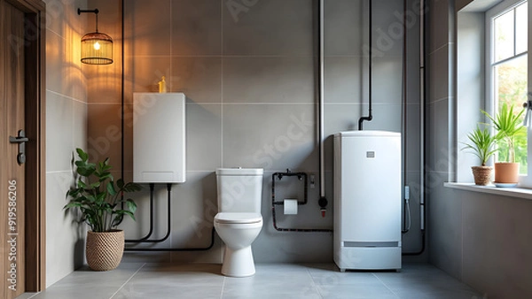 Fototapeta Modern tanked boiler in bathroom. Household smart water heater hanging on the wall in boiler room. Common electric storage tank water heater. Energy-efficient home heating system on gray tiles