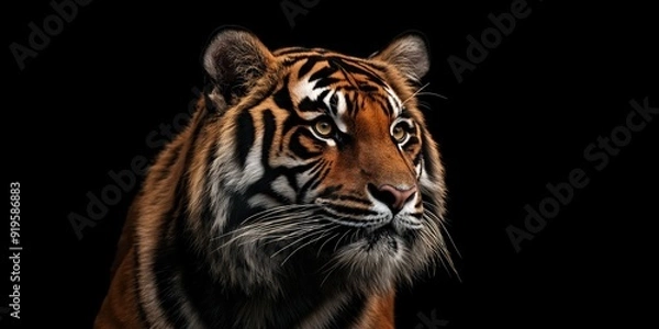 Obraz Photo of a tiger isolated against a black background, emphasising the tiger's majestic features. Wildlife and conservation concept, space for copy.