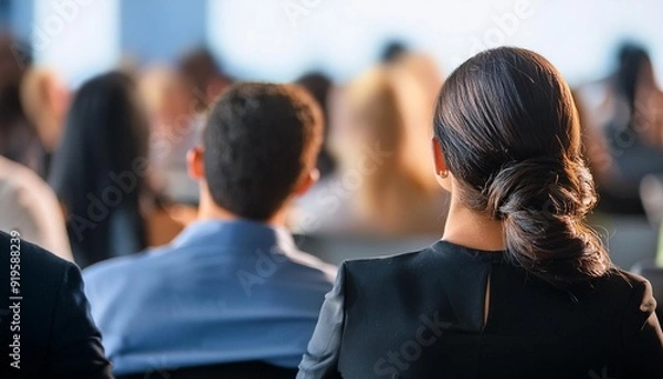 Fototapeta unrecognizable audience at business conference blurred crowd listening to speaker event concept photo