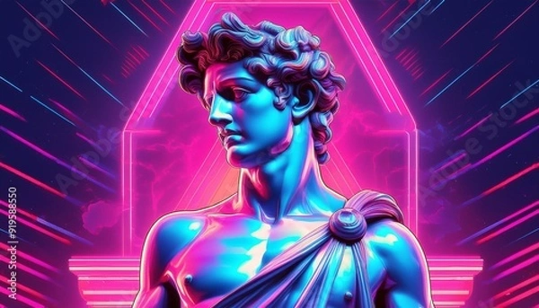 Fototapeta vaporwaveinspired greek statue of david with neon accents retro synth wave aesthetic blends classical art and 80s futurism vibrant colors against a surreal digital backdrop