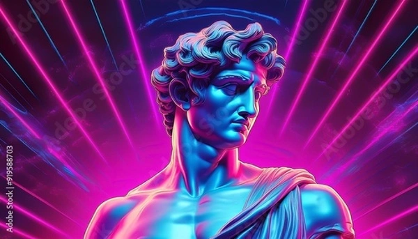 Fototapeta vaporwaveinspired greek statue of david with neon accents retro synth wave aesthetic blends classical art and 80s futurism vibrant colors against a surreal digital backdrop
