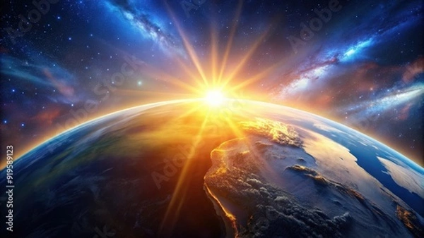 Fototapeta Planet Earth with a stunning sunrise in space, Earth, planet, sunrise, space, universe, globe, celestial, beautiful