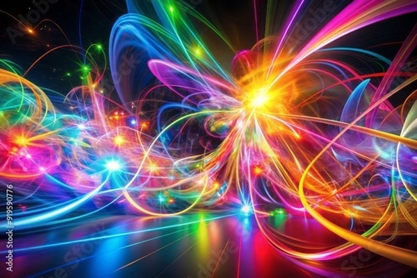 Fototapeta Vibrant abstract swirling shapes and lines in neon hues converge and explode in a mesmerizing dance of energy, conveying a sense of dynamic movement and power.
