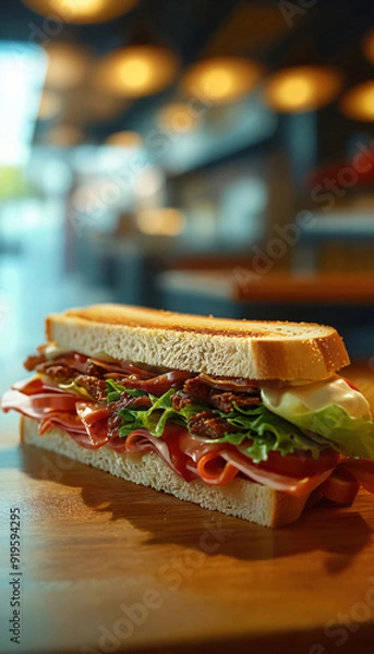 Fototapeta A sandwich on a diner table. Details, close-up, photorealistic, 8K