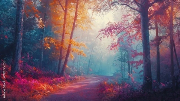 Obraz Misty Forest Path with Autumn Colors