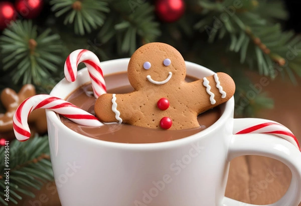 Fototapeta Gingerbread Man Relaxing in Hot Cocoa with Candy Canes: A smiling gingerbread man cookie relaxing in a mug of hot chocolate and a garnish of candy canes, against a cozy Christmas background.