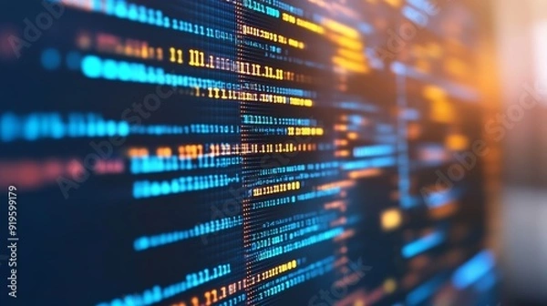 Fototapeta Scripting, coding, writing, and typing fonts, symbols, data, and project information for software engineering and IT technology. Computer abstract screen background.