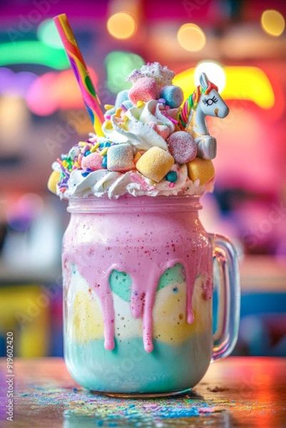 Fototapeta Vibrant Unicorn Freakshake with Marshmallows and Rainbow Toppings
