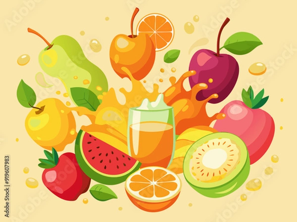 Fototapeta Juicy fruits splatter. Citrus orange and lemon, organic apple, pomegranate and dragon fruit juices. Sweet pear, peach and banana smoothie vector set. Vitamin vegan yoghurt or smoothie
