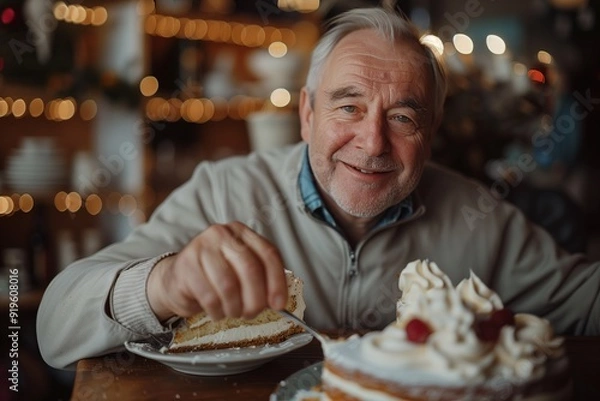 Fototapeta Smiling elderly man enjoying a piece of cake.