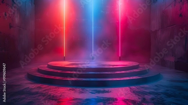Fototapeta A futuristic stage with vibrant neon lights and a foggy atmosphere, perfect for event promotions, music concerts, or tech-themed presentations,