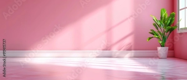 Obraz  A pink room featuring a potted plant in its corner and a window on the opposite side