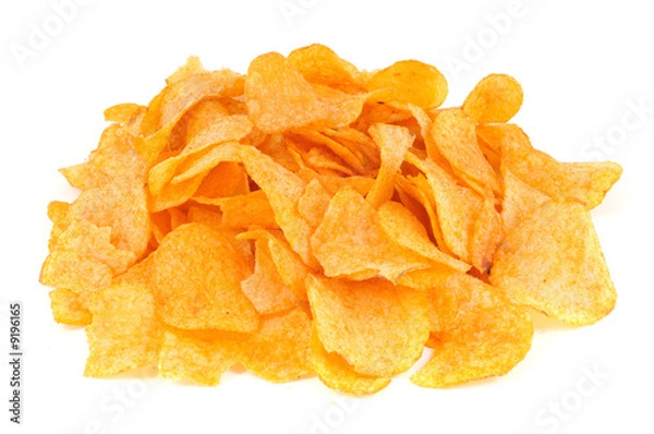 Obraz Heap of fried potato chips on white background.