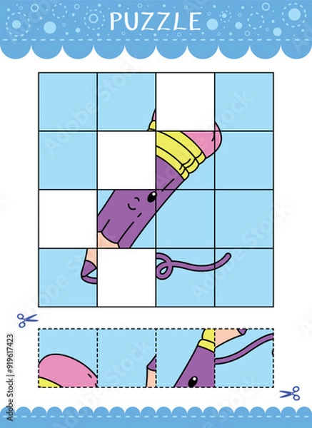 Obraz Puzzle for kids. Cut and glue. Find the missing parts of the picture. Vector worksheet of simple educational game