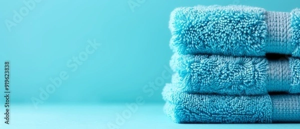 Fototapeta  A blue tablecloth holds a stack of towels in blue, aligned atop it against a light blue background
