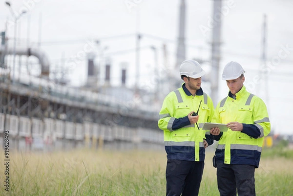 Fototapeta Petroleum engineers working at oil refinery site