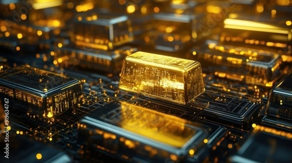 Fototapeta A gold bar is on top of a computer chip