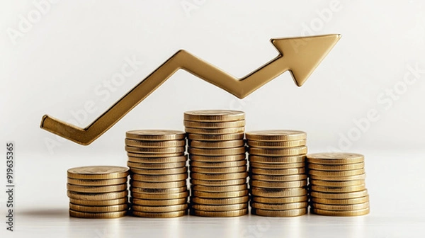 Fototapeta Increasing Stacks of Gold Coins with Up Arrow Representing Financial Growth on Transparent Background