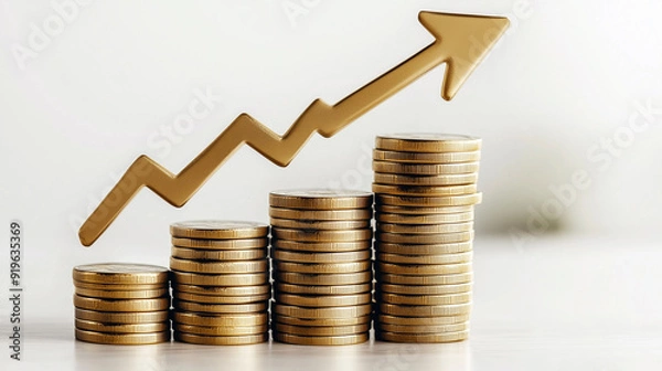 Fototapeta Increasing Stacks of Gold Coins with Up Arrow Representing Financial Growth on Transparent Background